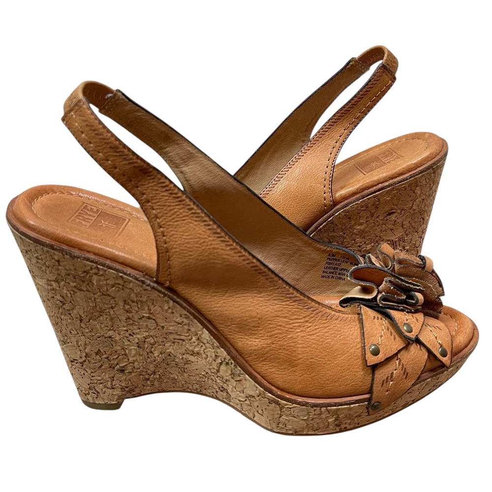 Frye Pepper Leaf Slingback Peep Toe Platform Cork Wedge Leather Sandals Size 9.5